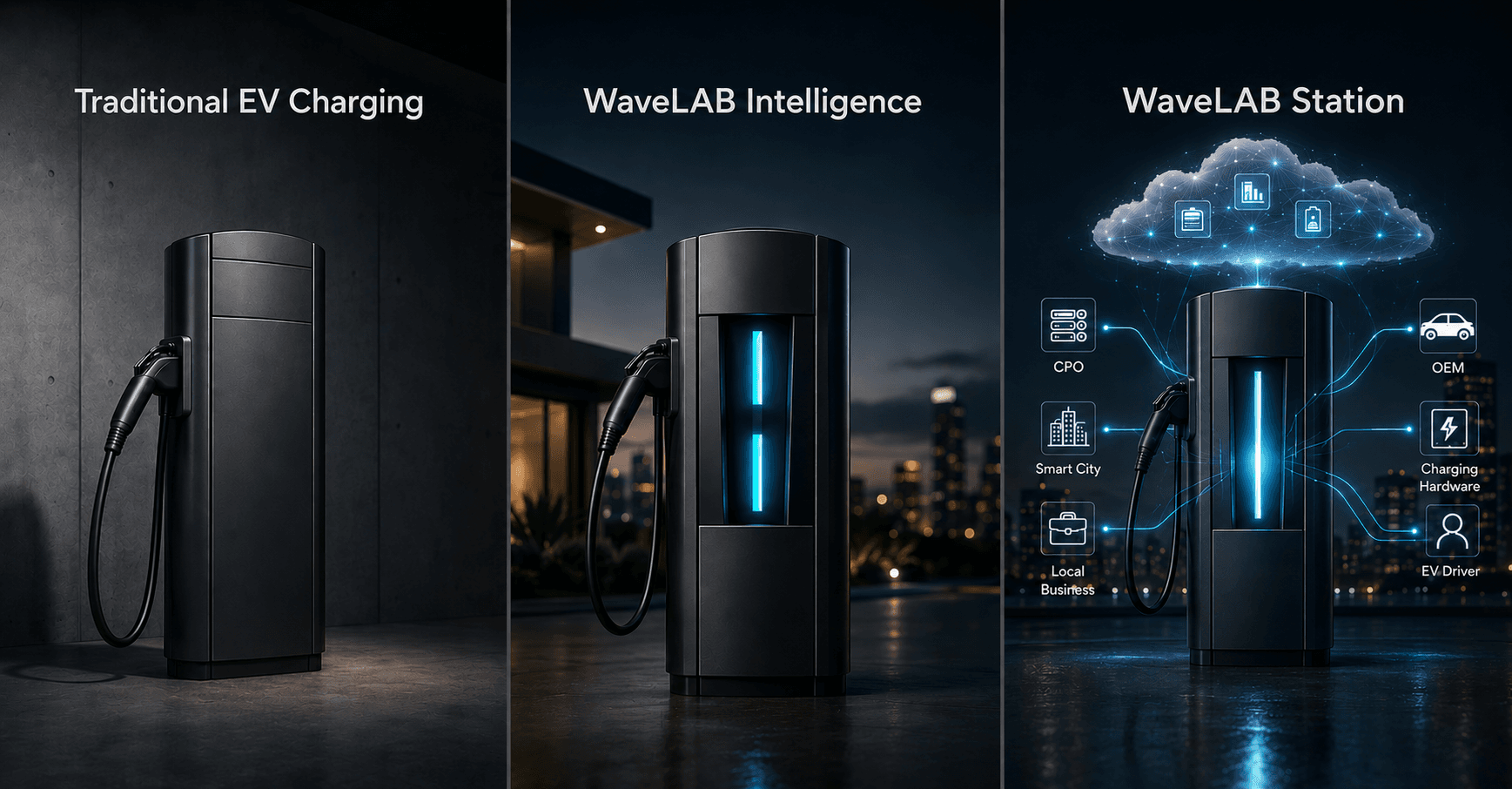 Comparison of traditional EV charging, WaveLAB Intelligence, and WaveLAB Station